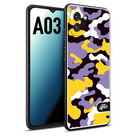 CUSTOMIZZA - Custodia cover nera morbida in tpu compatibile per Samsung A03 camouflage mimetico militare viola lilla giallo