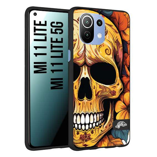 CUSTOMIZZA - Custodia cover nera morbida in tpu compatibile per Xiaomi Mi 11 Lite / Mi 11 Lite 5G teschio messicano colorato dorato fiori autunnali disegnato