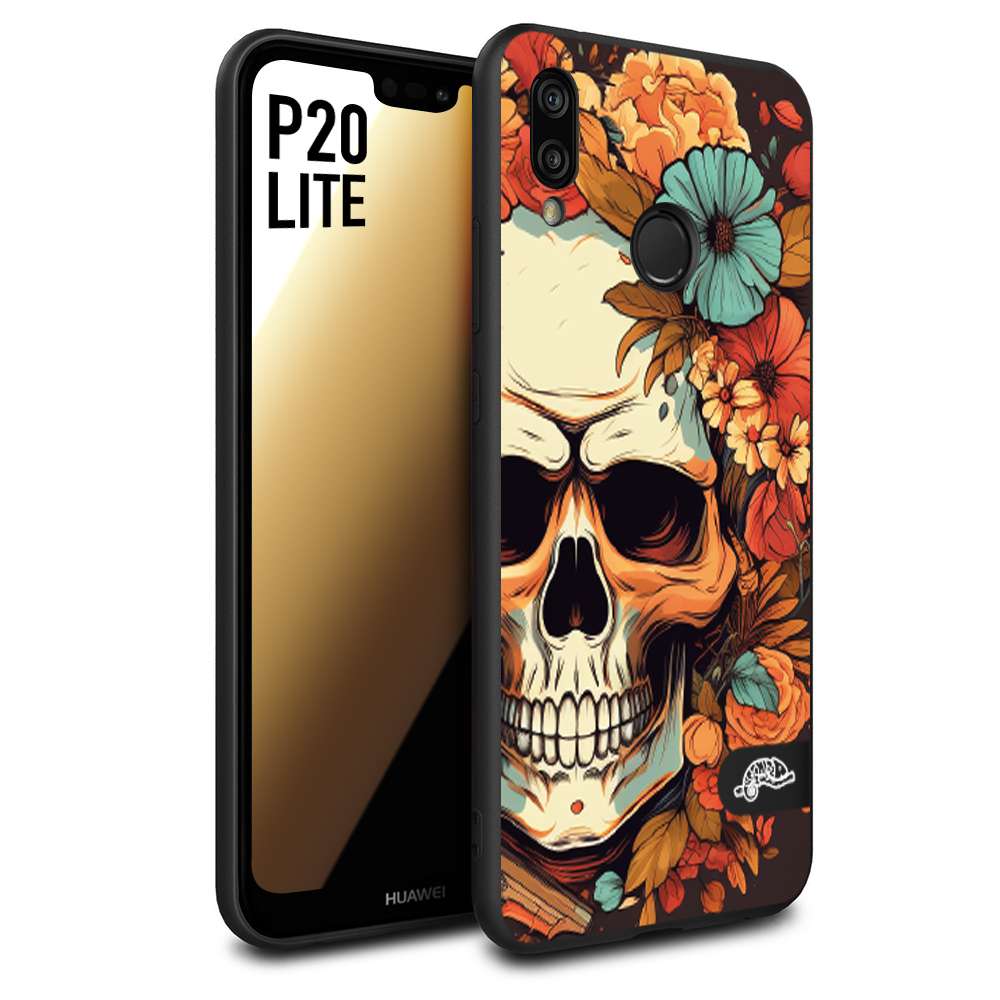 CUSTOMIZZA - Custodia cover nera morbida in tpu compatibile per Huawei P20 LITE teschio skull flowers fiori autunnali arancio celeste tattoo