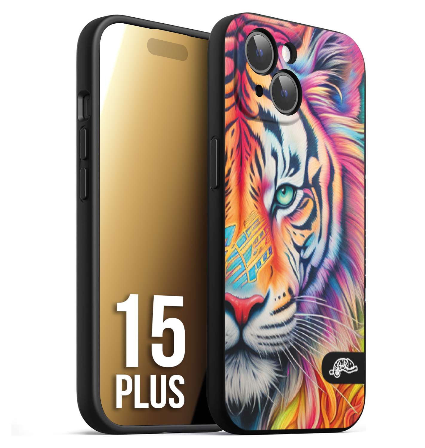 CUSTOMIZZA - Custodia cover nera morbida in tpu compatibile per iPhone 15 PLUS animali color tigre tiger viso colori vibranti disegnato schizzo