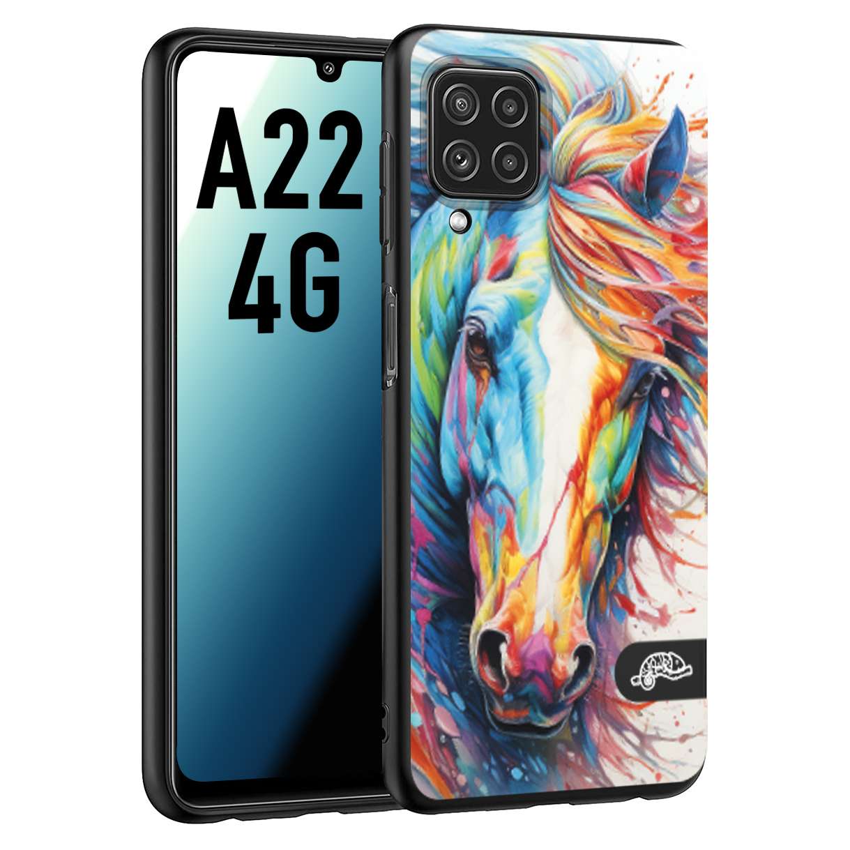 CUSTOMIZZA - Custodia cover nera morbida in tpu compatibile per Samsung A22 4G animali color cavallo horse viso colori vibranti disegnato schizzo