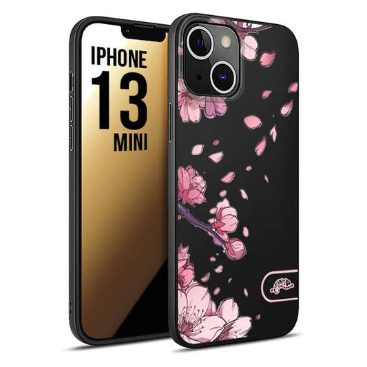 CUSTOMIZZA - Custodia cover nera morbida in tpu compatibile per iPhone 13 MINI giapponese fiori di ciliegio in fiore a rilievo disegnata tattoo