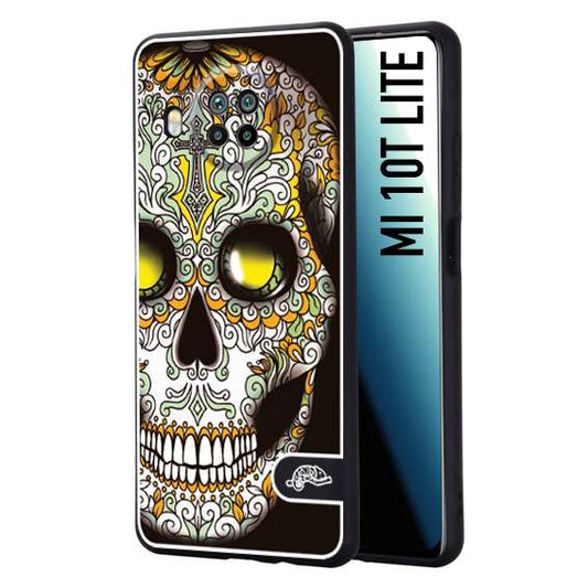 CUSTOMIZZA - Custodia cover nera morbida in tpu compatibile per Xiaomi Mi 10T LITE teschio messicano Mexican skull bianco verde giallo