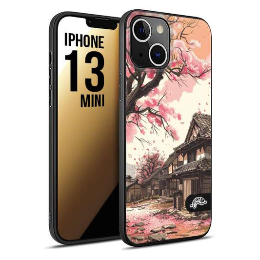 CUSTOMIZZA - Custodia cover nera morbida in tpu compatibile per iPhone 13 MINI casa giapponese rosa ciliegio in fiore disegnata tattoo