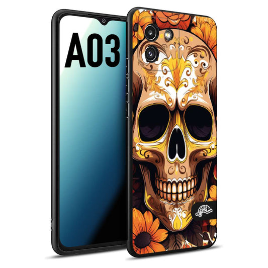 CUSTOMIZZA - Custodia cover nera morbida in tpu compatibile per Samsung A03 teschio messicano colorato dorato fiori tattoo disegnato