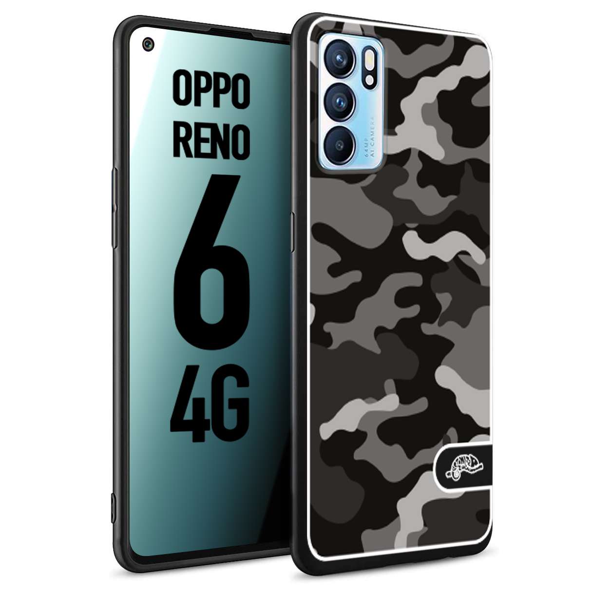 CUSTOMIZZA - Custodia cover nera morbida in tpu compatibile per Oppo Reno 6 4G camouflage mimetico militare nero black grigio