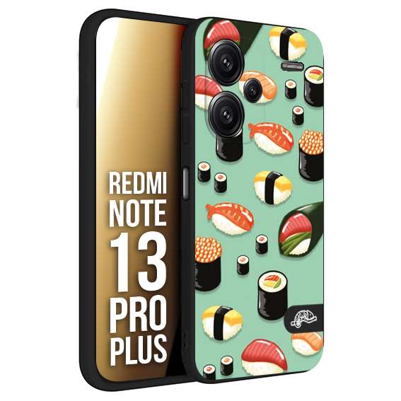 CUSTOMIZZA - Custodia cover nera morbida in tpu compatibile per Xiaomi Redmi Note 13 PRO PLUS sushi disegni giapponese nighiri acquamarina verde