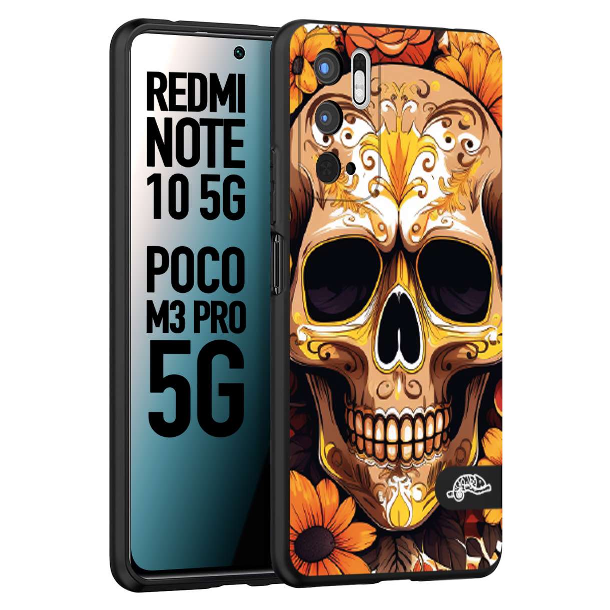 CUSTOMIZZA - Custodia cover nera morbida in tpu compatibile per Xiaomi Redmi Note 10 5G - Poco M3 Pro 5G teschio messicano colorato dorato fiori tattoo disegnato