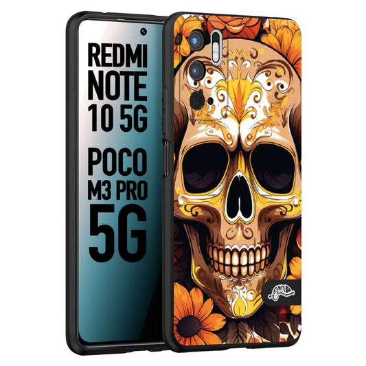 CUSTOMIZZA - Custodia cover nera morbida in tpu compatibile per Xiaomi Redmi Note 10 5G - Poco M3 Pro 5G teschio messicano colorato dorato fiori tattoo disegnato