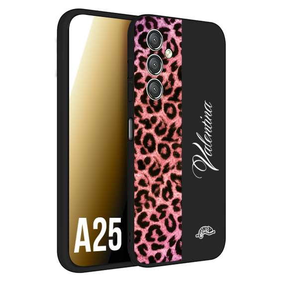 CUSTOMIZZA - Custodia cover nera morbida in tpu compatibile per Samsung A25 leopardato rosa fucsia personalizzata nome iniziali