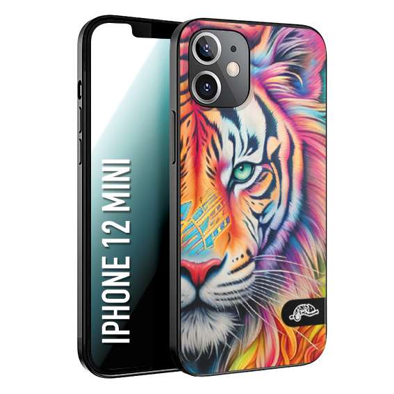 CUSTOMIZZA - Custodia cover nera morbida in tpu compatibile per iPhone 12 MINI animali color tigre tiger viso colori vibranti disegnato schizzo