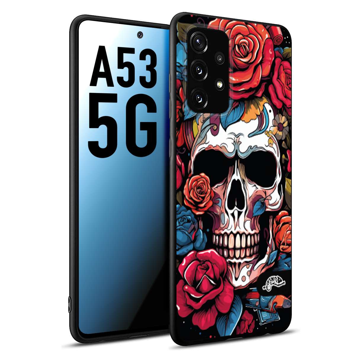 CUSTOMIZZA - Custodia cover nera morbida in tpu compatibile per Samsung A53 5G teschio skull flowers fiori rose rosse tattoo disegnato