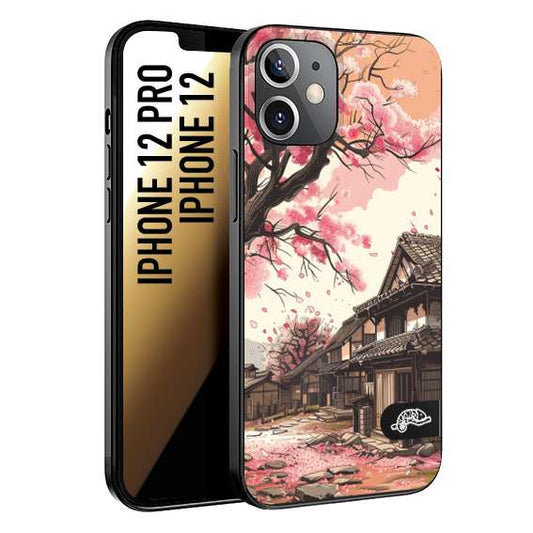 CUSTOMIZZA - Custodia cover nera morbida in tpu compatibile per iPhone 12 - 12 PRO casa giapponese rosa ciliegio in fiore disegnata tattoo