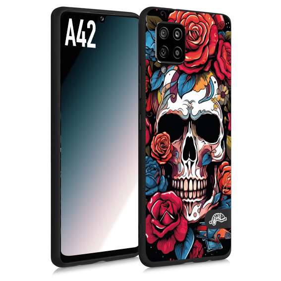 CUSTOMIZZA - Custodia cover nera morbida in tpu compatibile per Samsung A42 teschio skull flowers fiori rose rosse tattoo disegnato