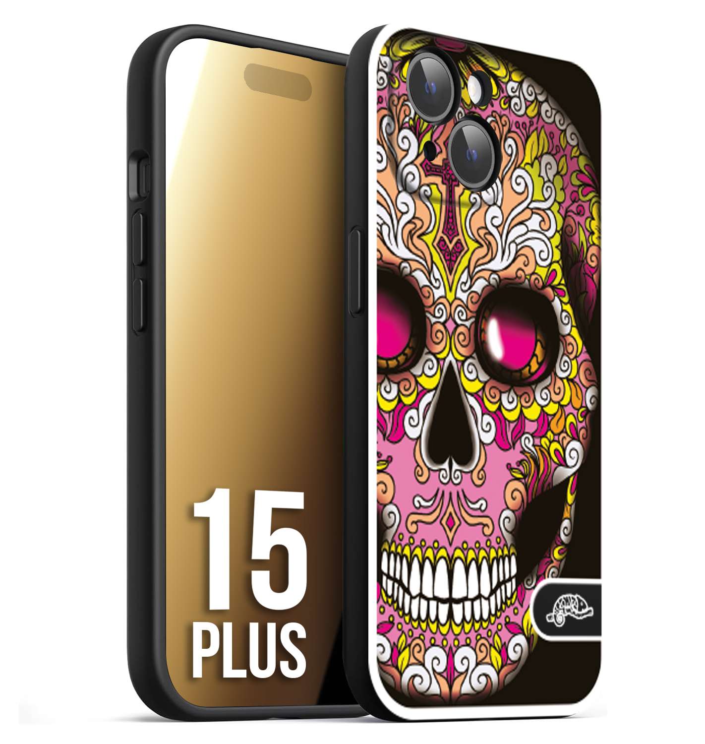 CUSTOMIZZA - Custodia cover nera morbida in tpu compatibile per iPhone 15 PLUS teschio messicano Mexican skull rosa gialla