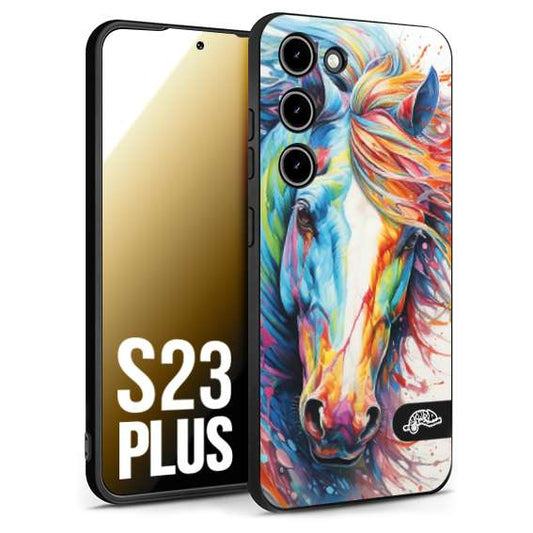 CUSTOMIZZA - Custodia cover nera morbida in tpu compatibile per Samsung S23 PLUS animali color cavallo horse viso colori vibranti disegnato schizzo