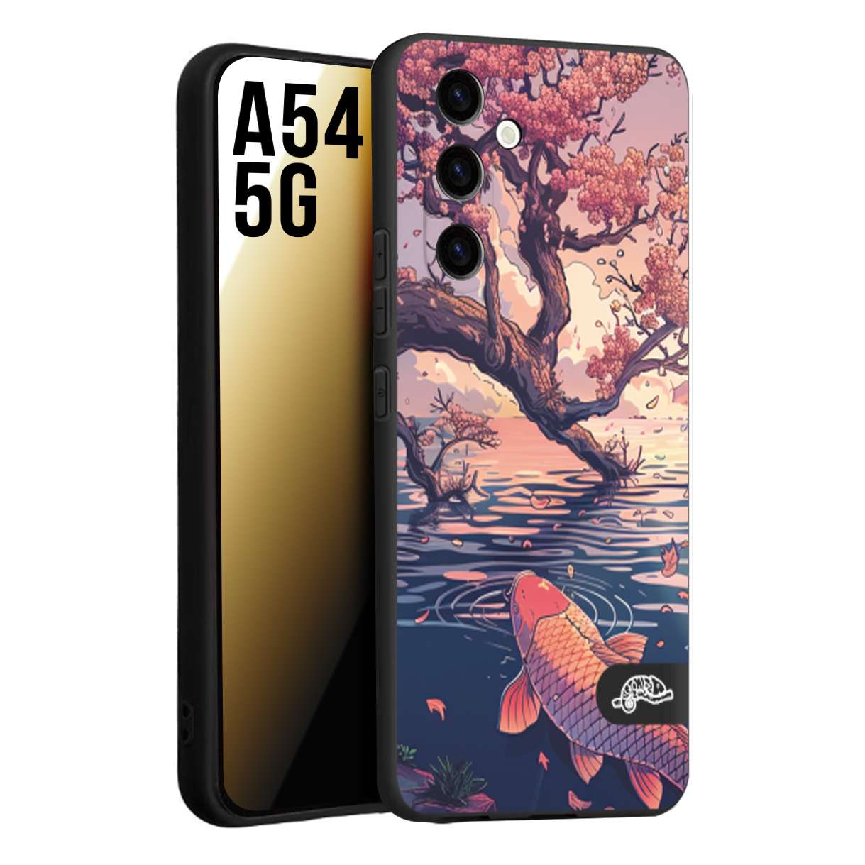 CUSTOMIZZA - Custodia cover nera morbida in tpu compatibile per Samsung A54 5G giapponese lago carpa koi rosa con foglie d'acero disegnata tattoo