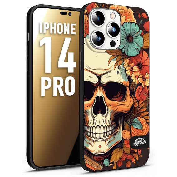 CUSTOMIZZA - Custodia cover nera morbida in tpu compatibile per iPhone 14 PRO teschio skull flowers fiori autunnali arancio celeste tattoo