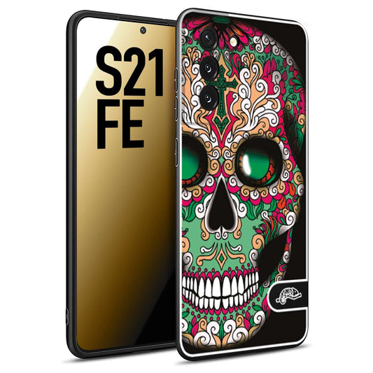 CUSTOMIZZA - Custodia cover nera morbida in tpu compatibile per Samsung S21 FE teschio messicano Mexican skull verde fucsia