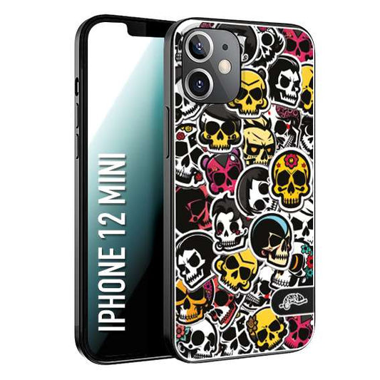 CUSTOMIZZA - Custodia cover nera morbida in tpu compatibile per iPhone 12 MINI sticker bomb teschi colorati adesivi skulls skater snowboard