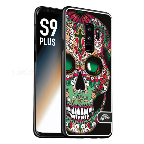 CUSTOMIZZA - Custodia cover nera morbida in tpu compatibile per Samsung S9 PLUS teschio messicano Mexican skull verde fucsia