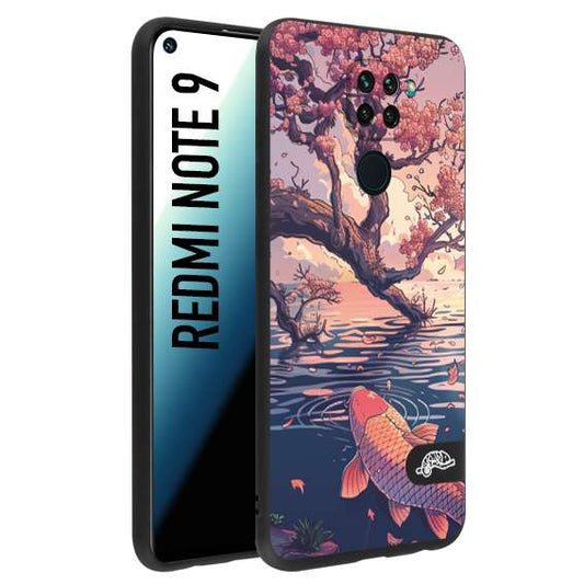 CUSTOMIZZA - Custodia cover nera morbida in tpu compatibile per Xiaomi Redmi Note 9 giapponese lago carpa koi rosa con foglie d'acero disegnata tattoo