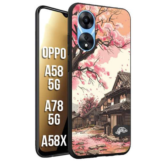 CUSTOMIZZA - Custodia cover nera morbida in tpu compatibile per Oppo A58 5G - A78 5G - A58X casa giapponese rosa ciliegio in fiore disegnata tattoo