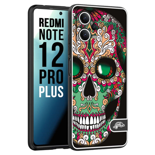 CUSTOMIZZA - Custodia cover nera morbida in tpu compatibile per Xiaomi Redmi Note 12 PRO PLUS teschio messicano Mexican skull verde fucsia