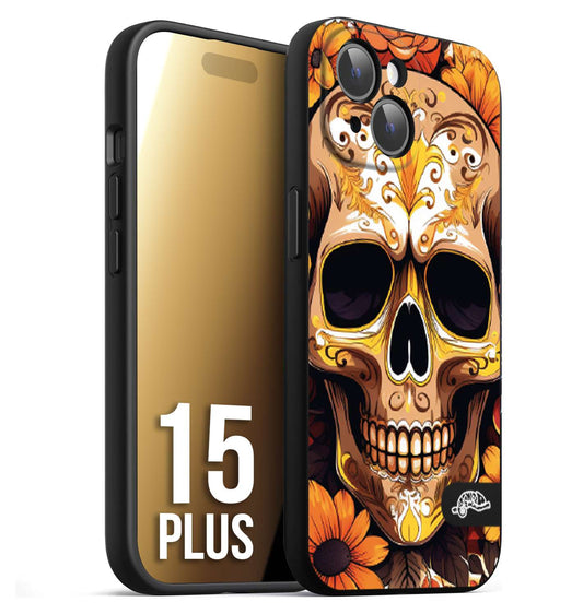 CUSTOMIZZA - Custodia cover nera morbida in tpu compatibile per iPhone 15 PLUS teschio messicano colorato dorato fiori tattoo disegnato