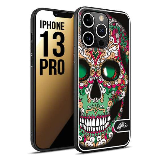 CUSTOMIZZA - Custodia cover nera morbida in tpu compatibile per iPhone 13 PRO teschio messicano Mexican skull verde fucsia