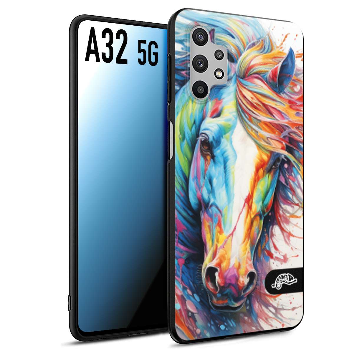 CUSTOMIZZA - Custodia cover nera morbida in tpu compatibile per Samsung A32 5G animali color cavallo horse viso colori vibranti disegnato schizzo