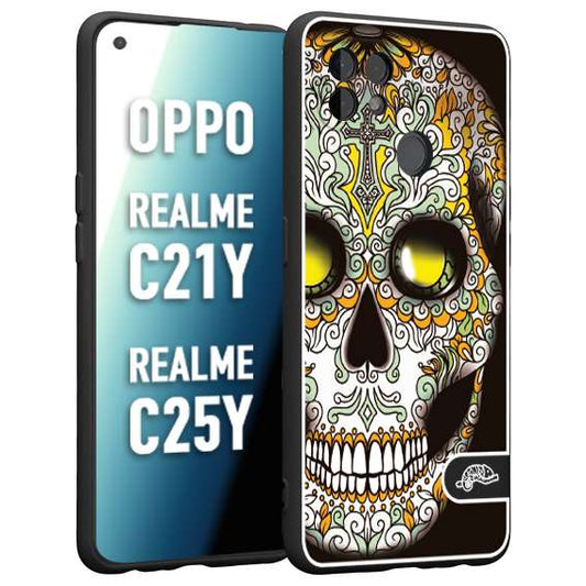 CUSTOMIZZA - Custodia cover nera morbida in tpu compatibile per Oppo Realme C21Y - C25Y teschio messicano Mexican skull bianco verde giallo