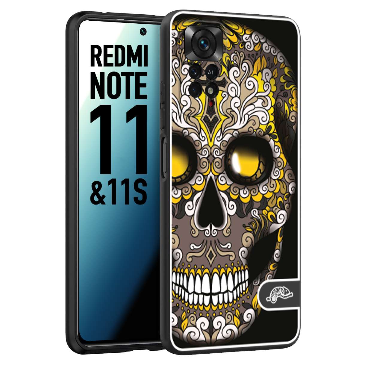 CUSTOMIZZA - Custodia cover nera morbida in tpu compatibile per Xiaomi Redmi Note 11 -  Note 11S teschio messicano Mexican skull nero giallo