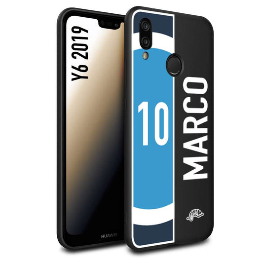 CUSTOMIZZA - Custodia cover nera morbida in tpu compatibile per Huawei Y6 2019 personalizzata calcio football nome e numero calciatori biancoazzurri bianco celesti