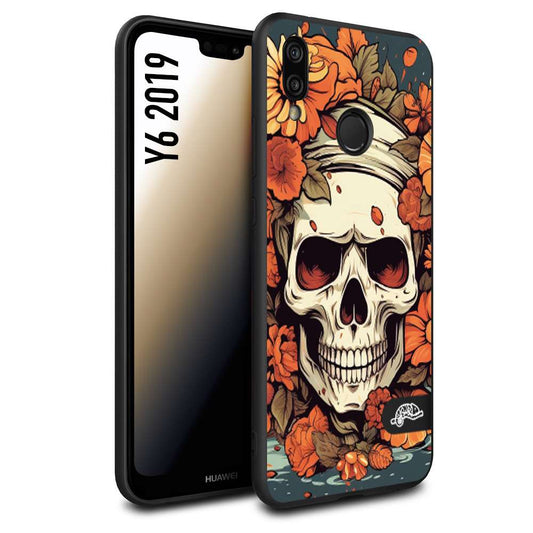 CUSTOMIZZA - Custodia cover nera morbida in tpu compatibile per Huawei Y6 2019 teschio skull flowers fiori tattoo disegnato alta definizione