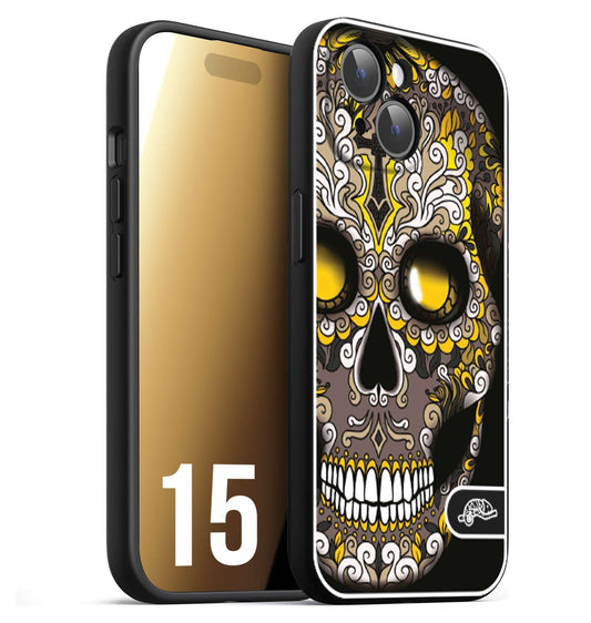 CUSTOMIZZA - Custodia cover nera morbida in tpu compatibile per iPhone 15 teschio messicano Mexican skull nero giallo