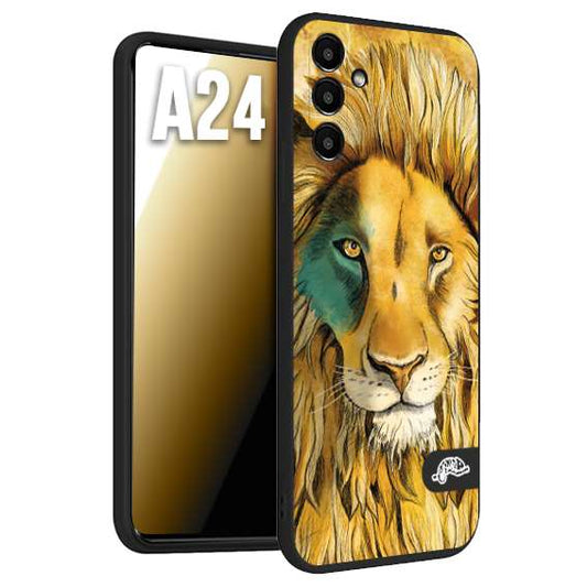 CUSTOMIZZA - Custodia cover nera morbida in tpu compatibile per Samsung A24 leone lion disegnato a mano giallo blu a rilievo artistico brown