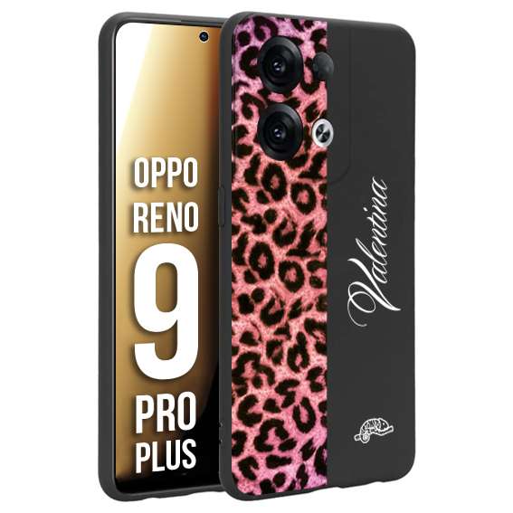 CUSTOMIZZA - Custodia cover nera morbida in tpu compatibile per Oppo Reno 9 PRO PLUS leopardato rosa fucsia personalizzata nome iniziali