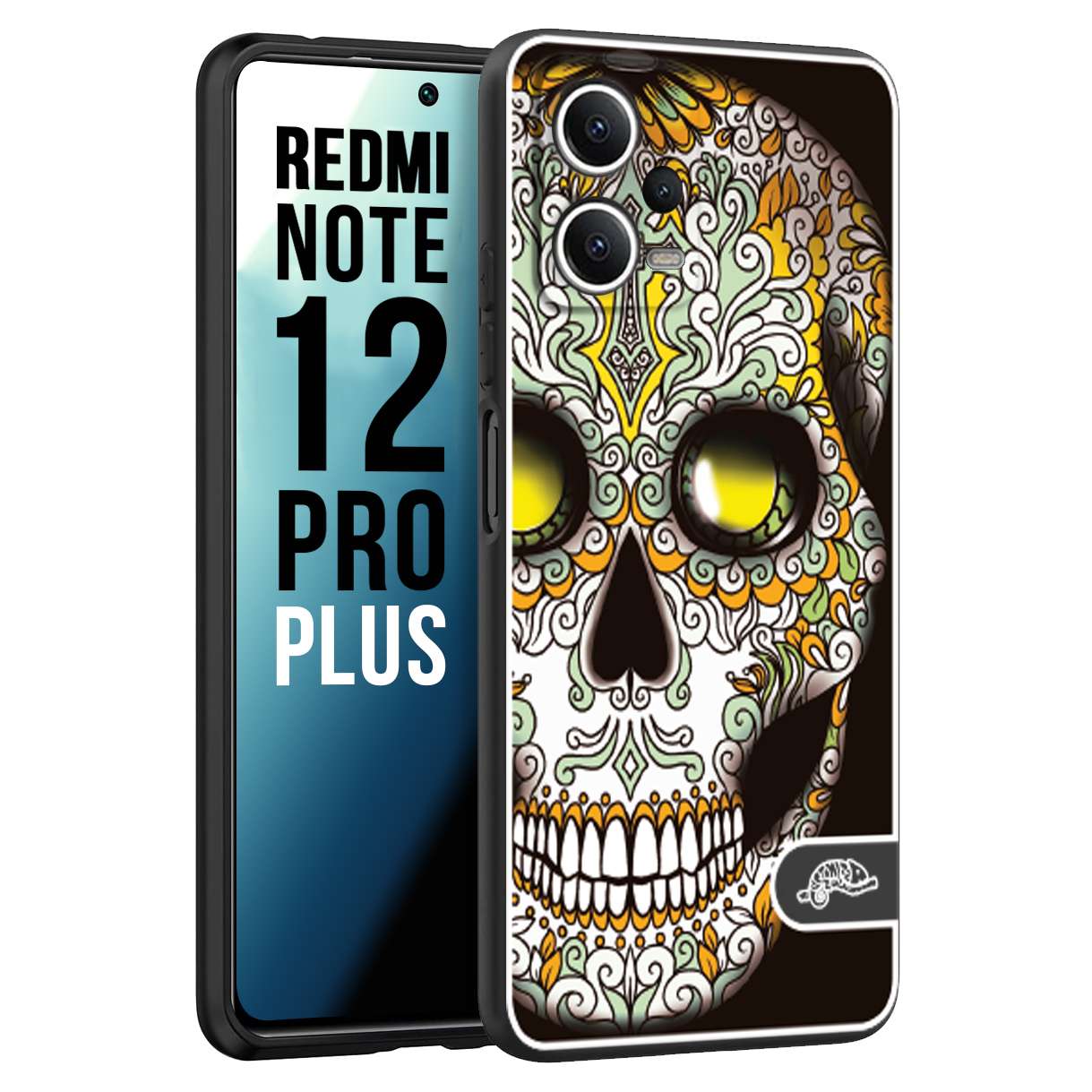 CUSTOMIZZA - Custodia cover nera morbida in tpu compatibile per Xiaomi Redmi Note 12 PRO PLUS teschio messicano Mexican skull bianco verde giallo