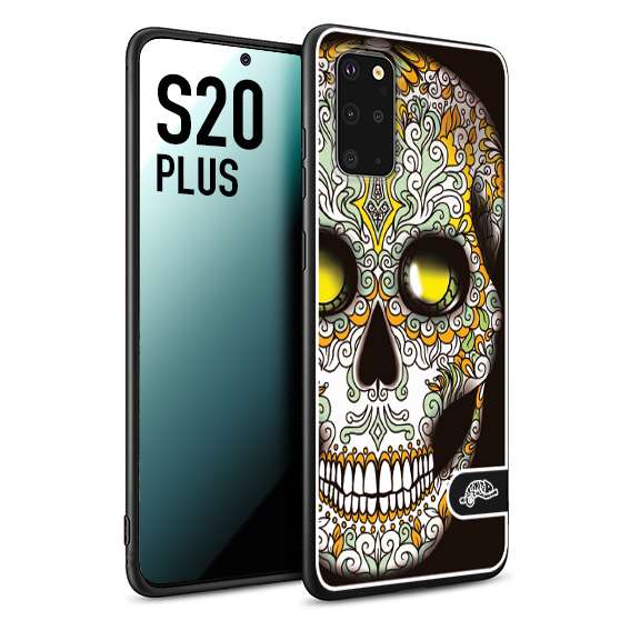 CUSTOMIZZA - Custodia cover nera morbida in tpu compatibile per Samsung S20 PLUS teschio messicano Mexican skull bianco verde giallo