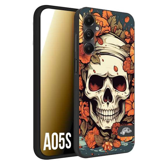 CUSTOMIZZA - Custodia cover nera morbida in tpu compatibile per Samsung A05S teschio skull flowers fiori tattoo disegnato alta definizione