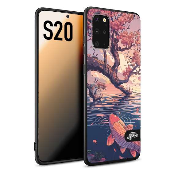 CUSTOMIZZA - Custodia cover nera morbida in tpu compatibile per Samsung S20 giapponese lago carpa koi rosa con foglie d'acero disegnata tattoo