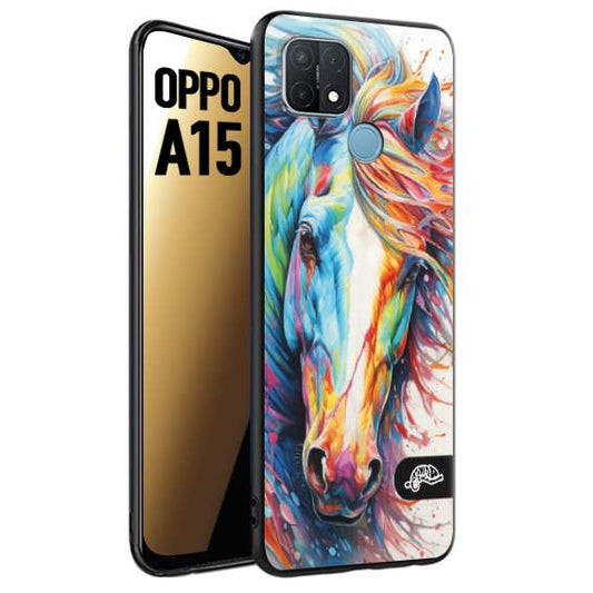 CUSTOMIZZA - Custodia cover nera morbida in tpu compatibile per Oppo A15 animali color cavallo horse viso colori vibranti disegnato schizzo