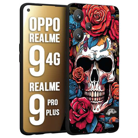CUSTOMIZZA - Custodia cover nera morbida in tpu compatibile per Oppo Realme 9 4G - 9 PRO PLUS teschio skull flowers fiori rose rosse tattoo disegnato