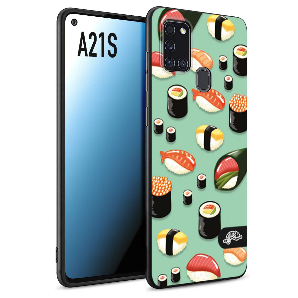 CUSTOMIZZA - Custodia cover nera morbida in tpu compatibile per Samsung A21S sushi disegni giapponese nighiri acquamarina verde