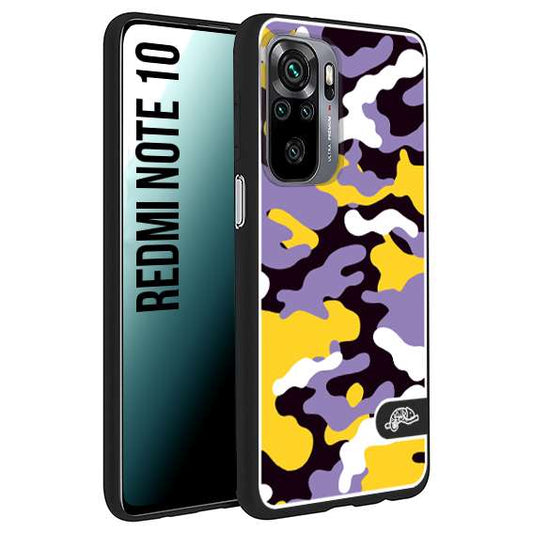 CUSTOMIZZA - Custodia cover nera morbida in tpu compatibile per Xiaomi Redmi Note 10 camouflage mimetico militare viola lilla giallo