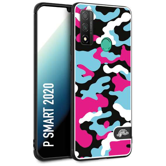 CUSTOMIZZA - Custodia cover nera morbida in tpu compatibile per Huawei P Smart 2020 camouflage mimetico militare fucsia celeste