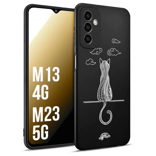 CUSTOMIZZA - Custodia cover nera morbida in tpu compatibile per Samsung M13 4G - M23 5G gatto mandala stilizzato gattino a rilievo soft touch donna bianca