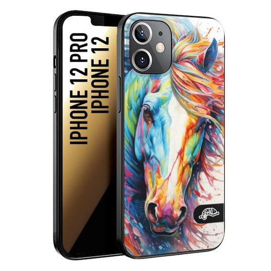 CUSTOMIZZA - Custodia cover nera morbida in tpu compatibile per iPhone 12 - 12 PRO animali color cavallo horse viso colori vibranti disegnato schizzo