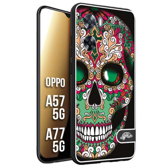 CUSTOMIZZA - Custodia cover nera morbida in tpu compatibile per Oppo A57 5G - A77 5G teschio messicano Mexican skull verde fucsia